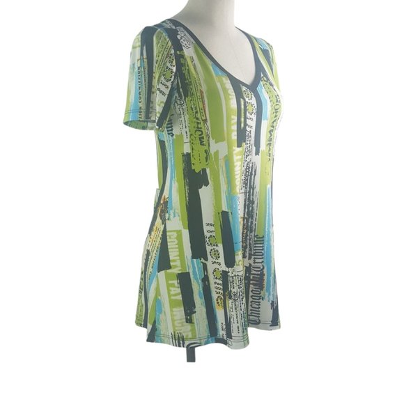 Jean Vincent Women sz S Tunic Shirt Flowy Green blue w/ graphics Made in Canada - Picture 4 of 9